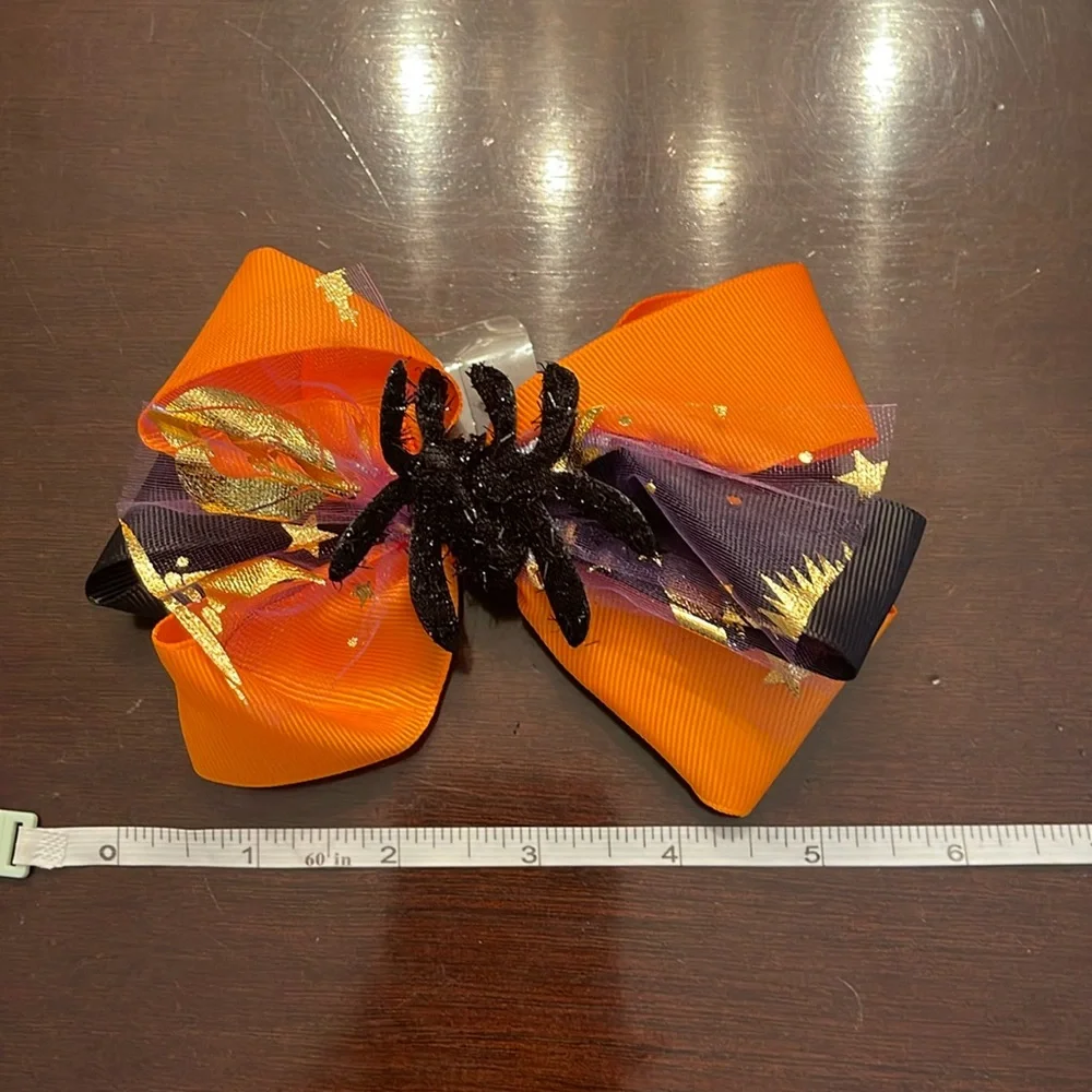Black and Orange spider Hair Bow Halloween glitter tulle nwt
